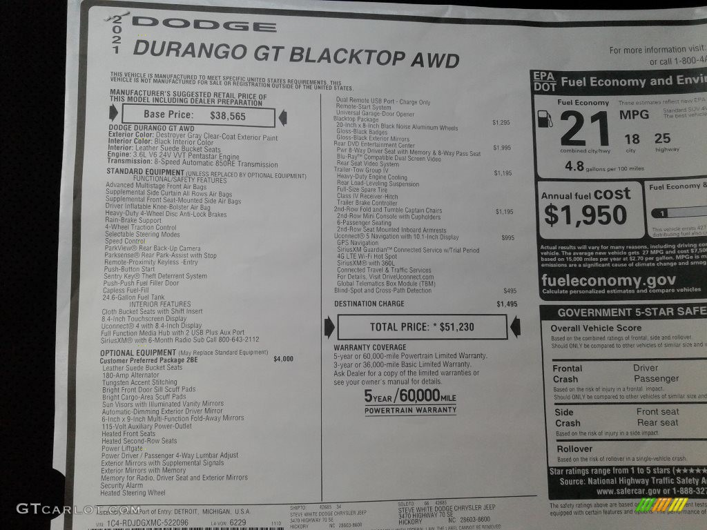 2021 Dodge Durango GT AWD Window Sticker Photo #140473741