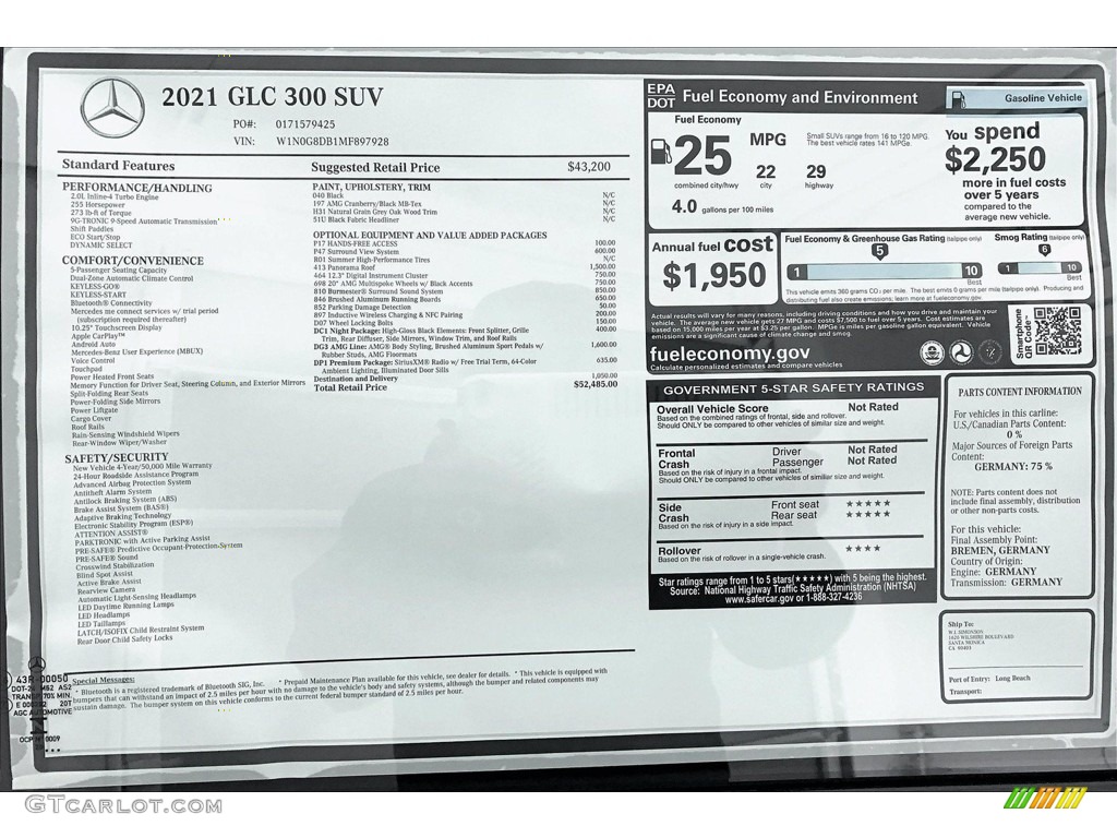 2021 Mercedes-Benz GLC 300 Window Sticker Photo #140495088