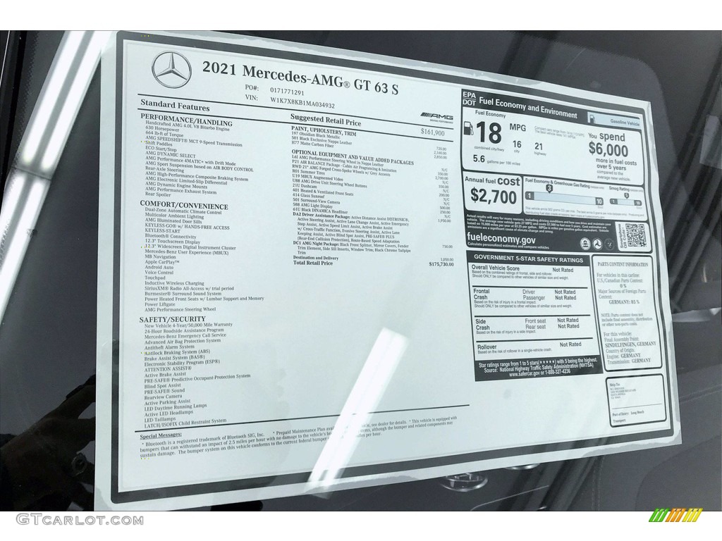 2021 Mercedes-Benz AMG GT 63 S Window Sticker Photo #140514443