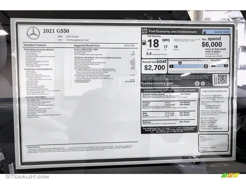 2021 Mercedes-Benz G 550 Window Sticker Photo #140526571