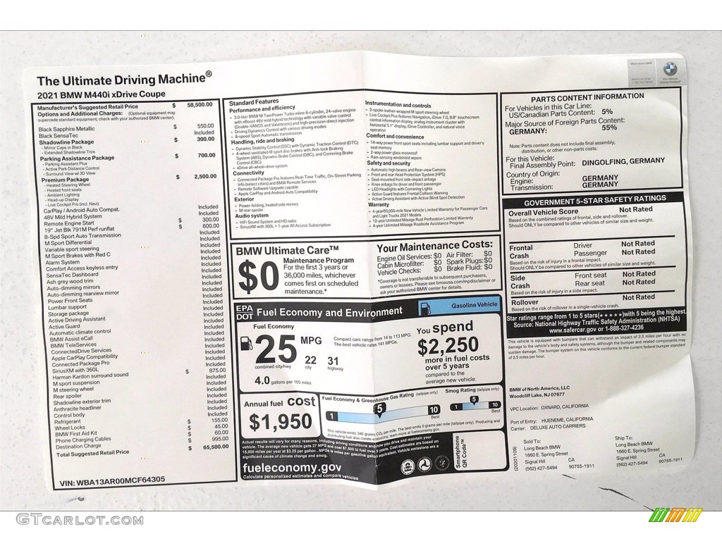 2021 BMW 4 Series M440i xDrive Coupe Window Sticker Photo #140530282