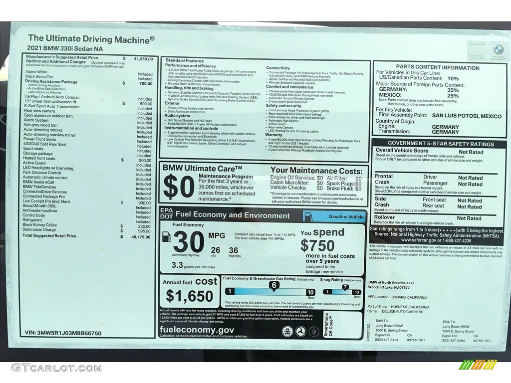 2021 BMW 3 Series 330i Sedan Window Sticker Photo #140530807