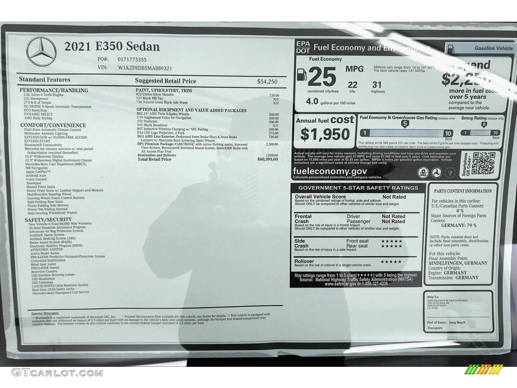 2021 Mercedes-Benz E 350 Sedan Window Sticker Photo #140553639