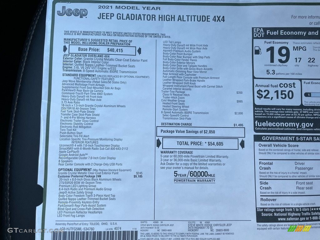 2021 Jeep Gladiator High Altitude 4x4 Window Sticker Photo #140560957