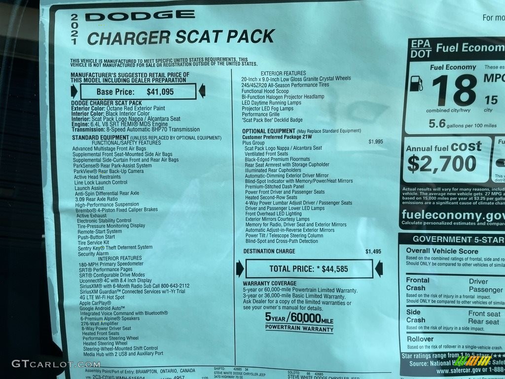 2021 Dodge Charger Scat Pack Window Sticker Photo #140581440