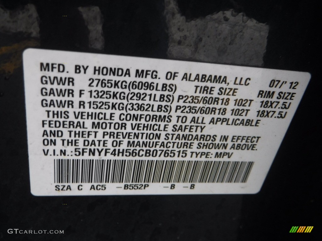 2012 Pilot EX-L 4WD - Bali Blue Pearl / Gray photo #29