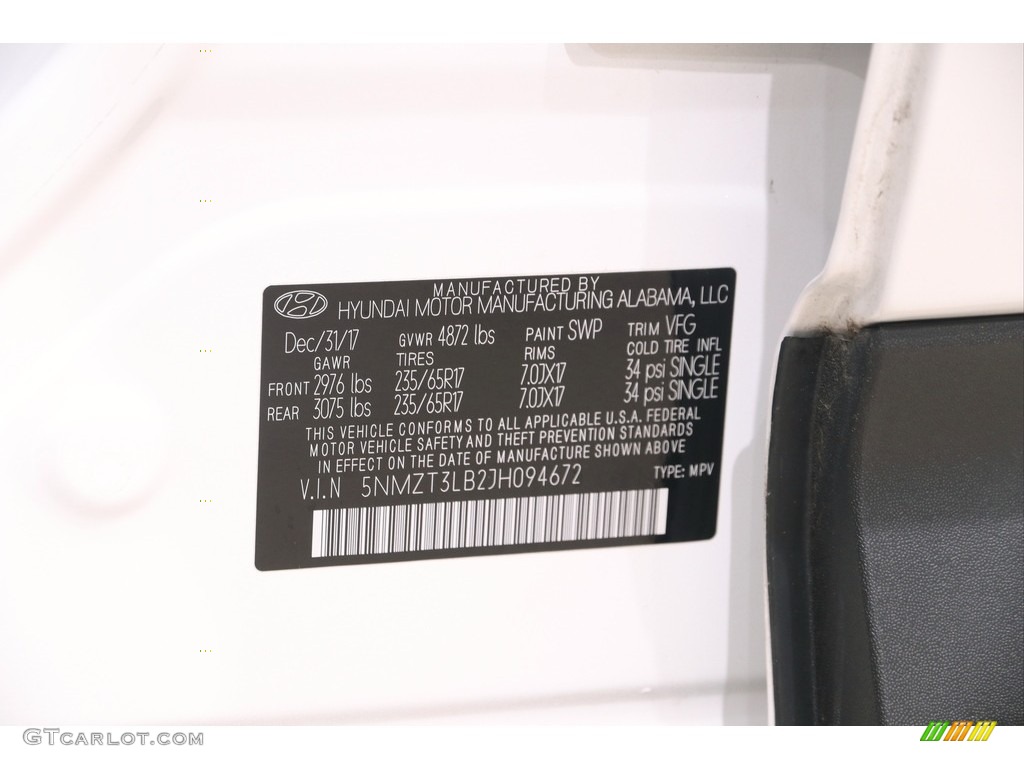 2018 Santa Fe Sport Color Code SWP for Pearl White Photo #140597194