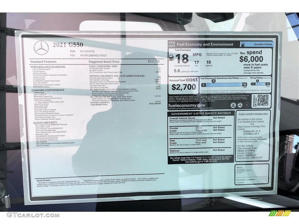 2021 Mercedes-Benz G 550 Window Sticker Photo #140600638
