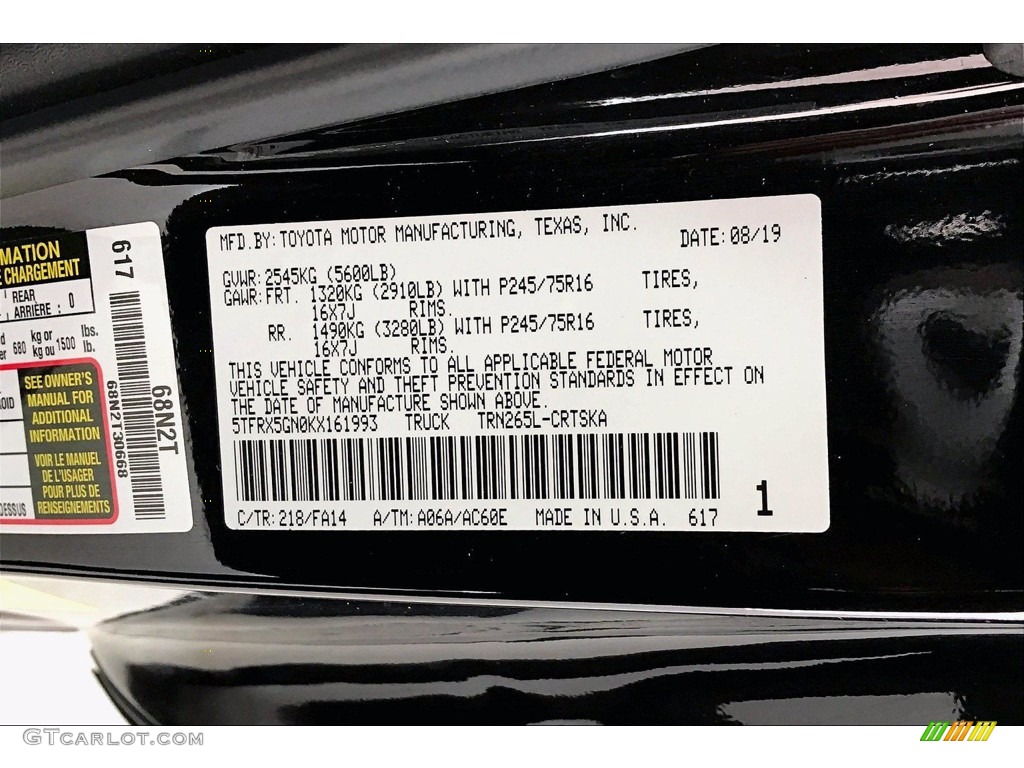2019 Tacoma Color Code 218 for Midnight Black Metallic Photo #140613016
