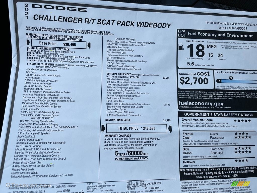 2021 Dodge Challenger R/T Scat Pack Widebody Window Sticker Photo #140614726