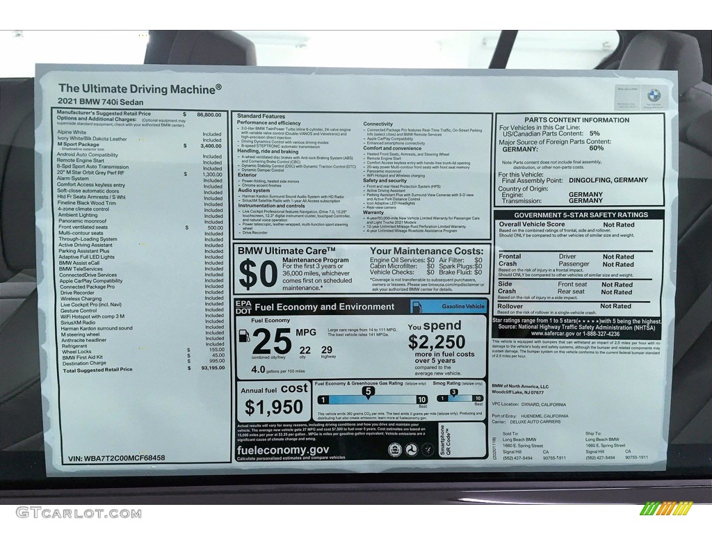 2021 7 Series 740i Sedan - Alpine White / Ivory White/Black photo #17