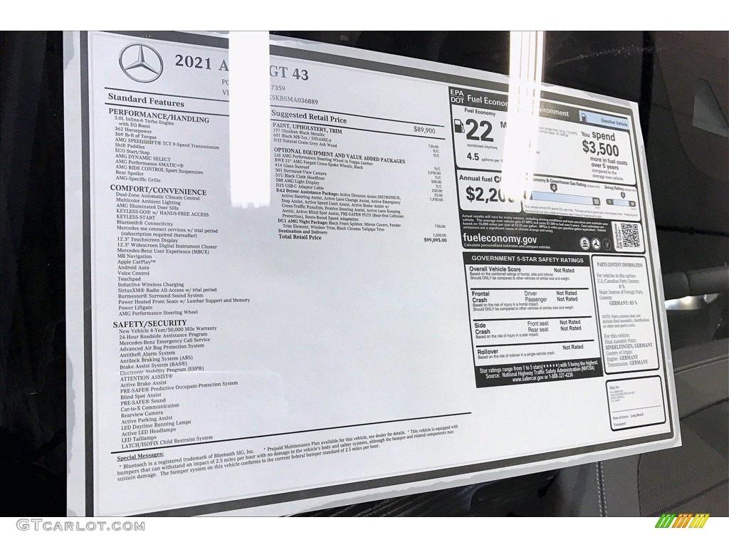 2021 Mercedes-Benz AMG GT 43 Window Sticker Photo #140617948