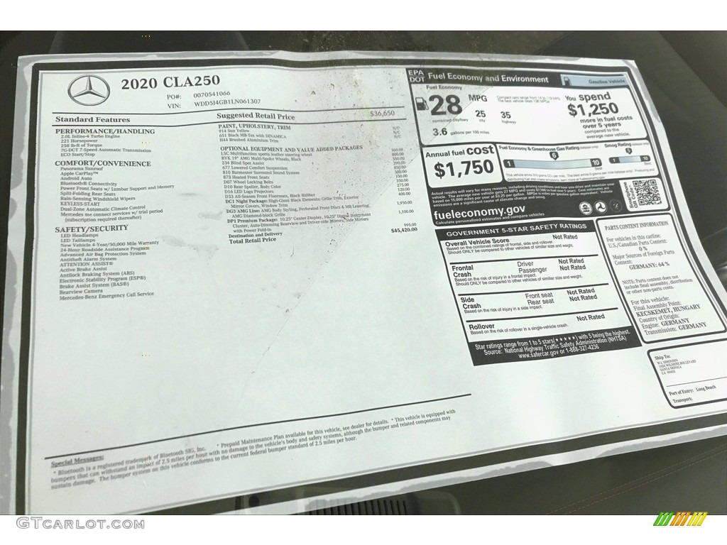 2020 Mercedes-Benz CLA 250 Coupe Window Sticker Photo #140618950