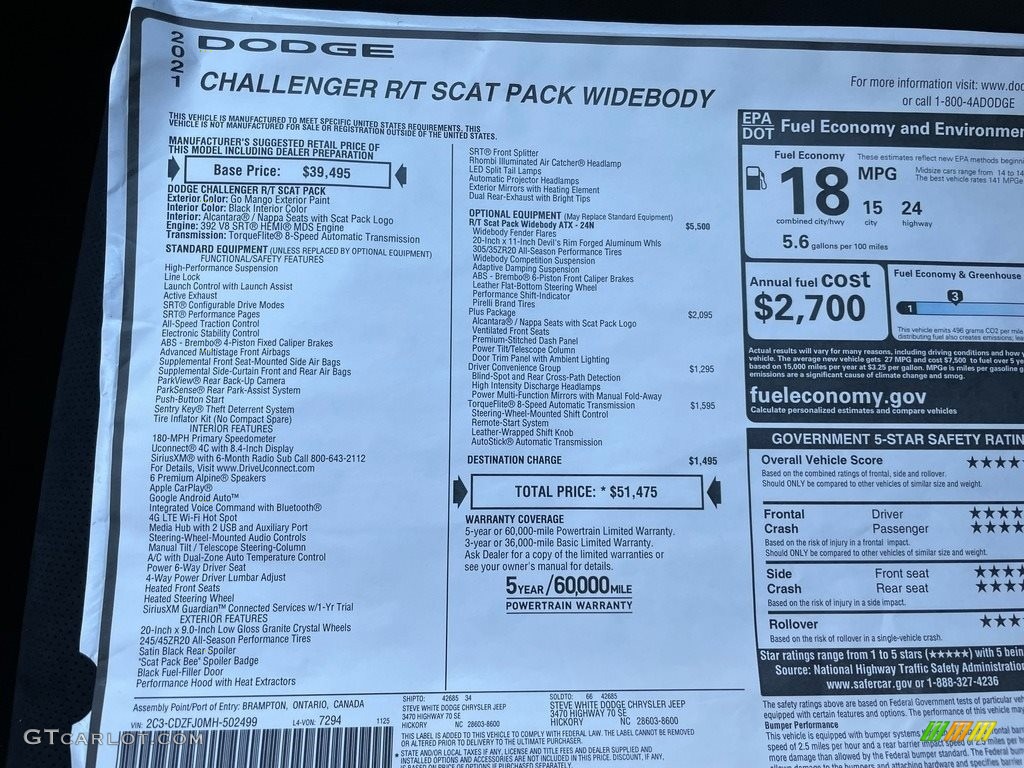 2021 Dodge Challenger R/T Scat Pack Widebody Window Sticker Photo #140620888
