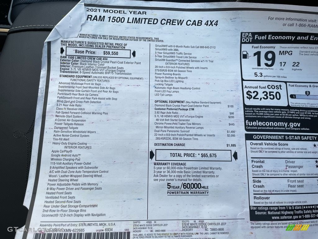 2021 Ram 1500 Limited Crew Cab 4x4 Window Sticker Photo #140622685