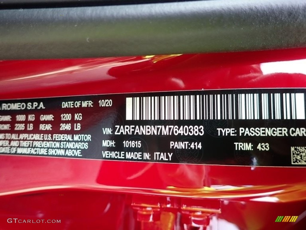 2021 Giulia Color Code 433 for Alfa Rosso (Red) Photo #140625785