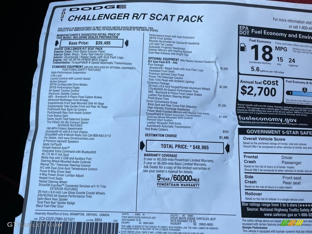 2021 Dodge Challenger R/T Scat Pack Window Sticker Photo #140627129