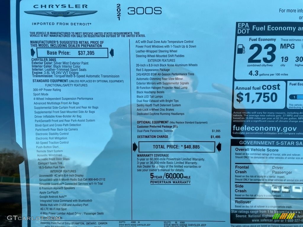 2021 Chrysler 300 S Window Sticker Photo #140627942