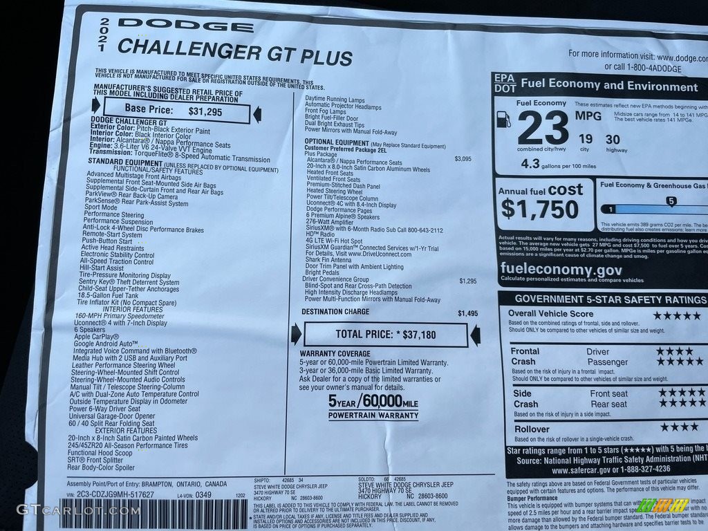 2021 Dodge Challenger GT Window Sticker Photo #140628611