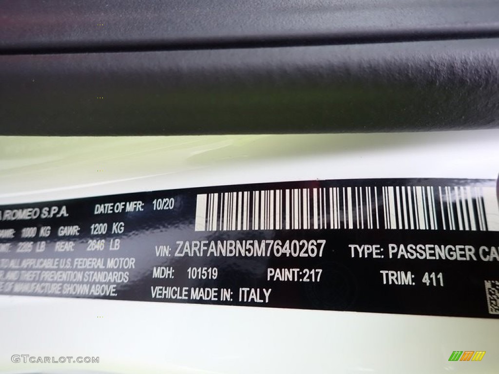 2021 Giulia Color Code 411 for Alfa White Photo #140629175