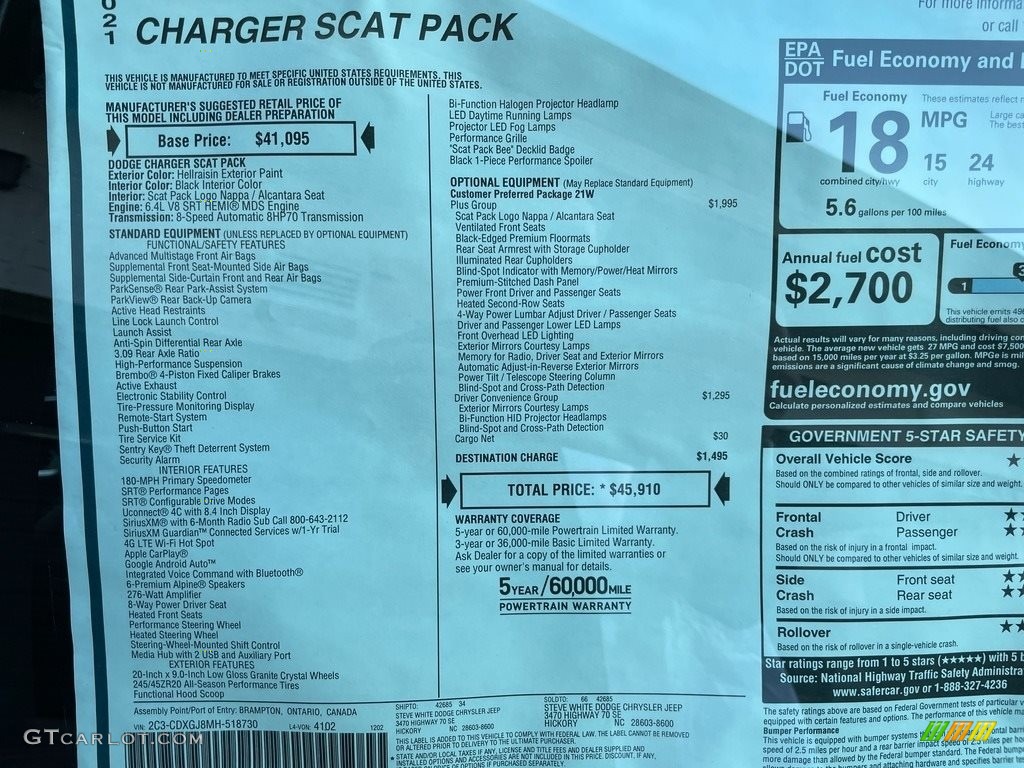 2021 Dodge Charger Scat Pack Window Sticker Photo #140629370