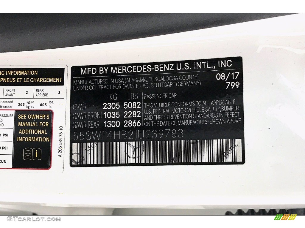 2018 Mercedes-Benz C 350e Plug-in Hybrid Sedan Color Code Photos