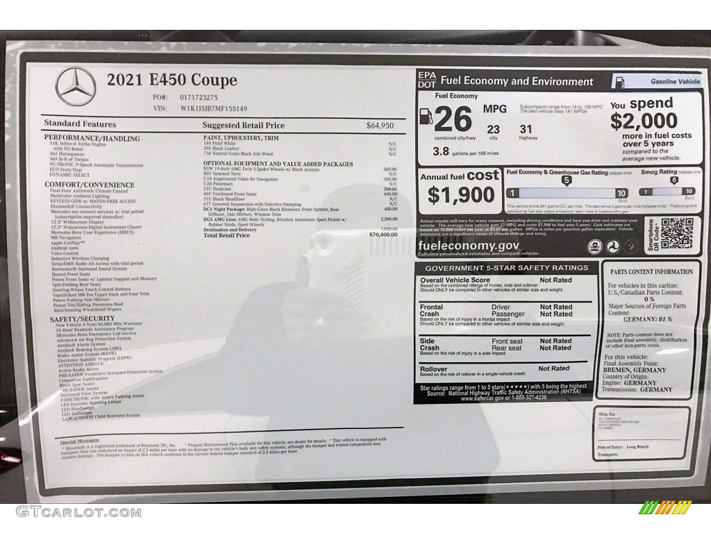 2021 Mercedes-Benz E 450 Coupe Window Sticker Photo #140638707