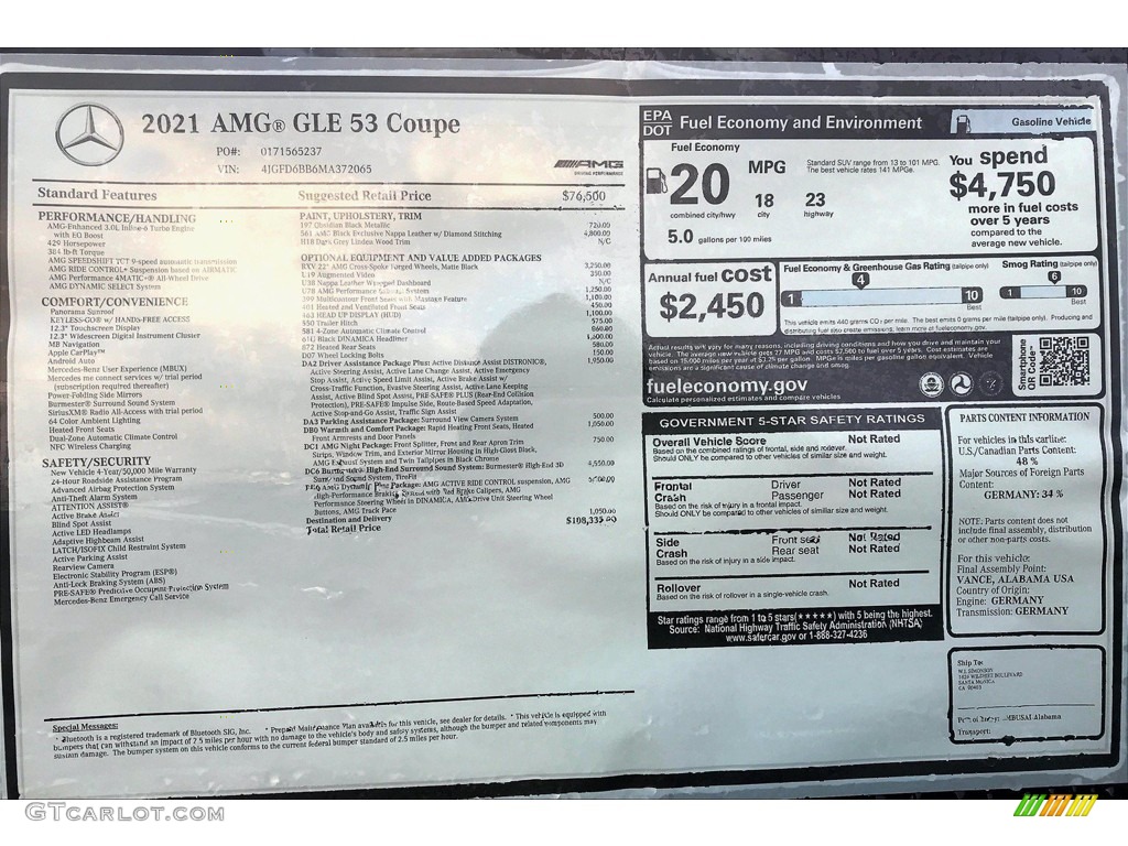 2021 Mercedes-Benz GLE 53 AMG 4Matic Coupe Window Sticker Photo #140639030