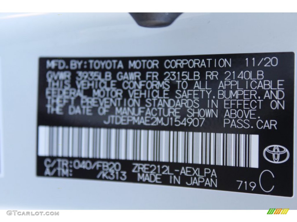 2021 Corolla Color Code 040 for Super White Photo #140642451