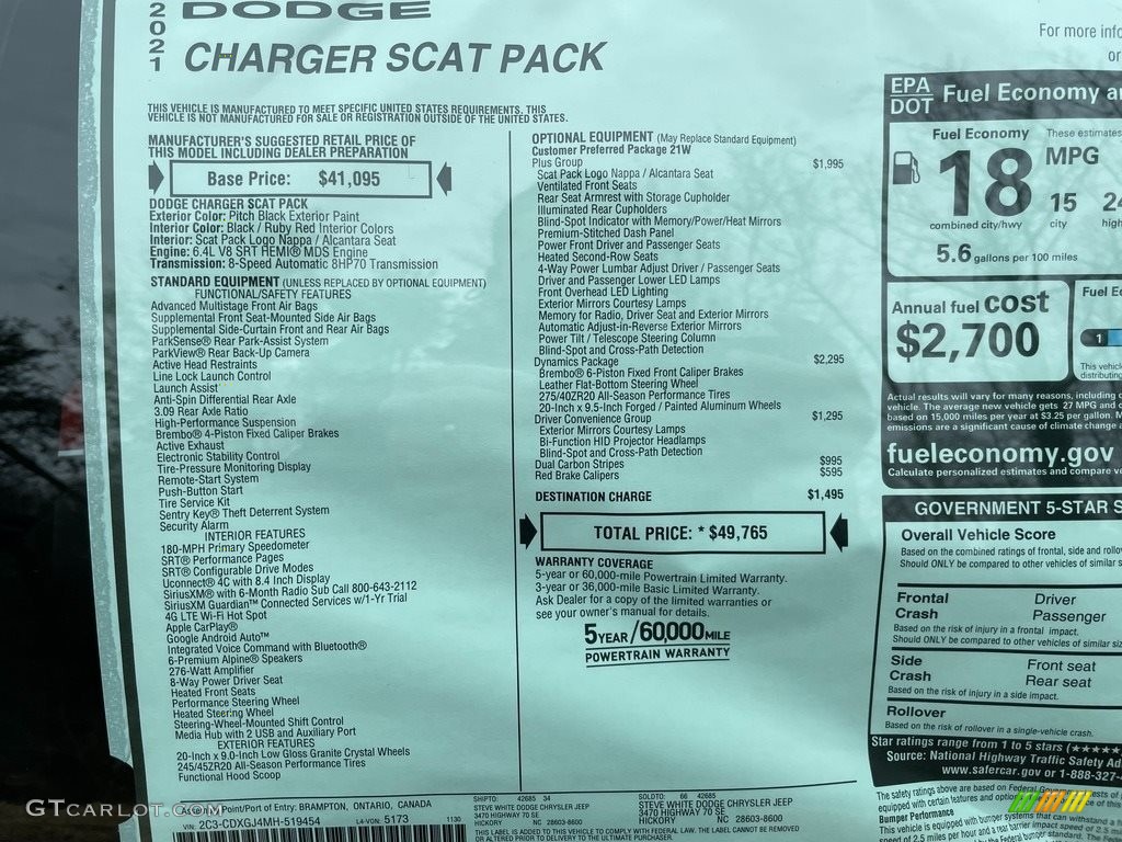 2021 Dodge Charger Scat Pack Window Sticker Photo #140654080