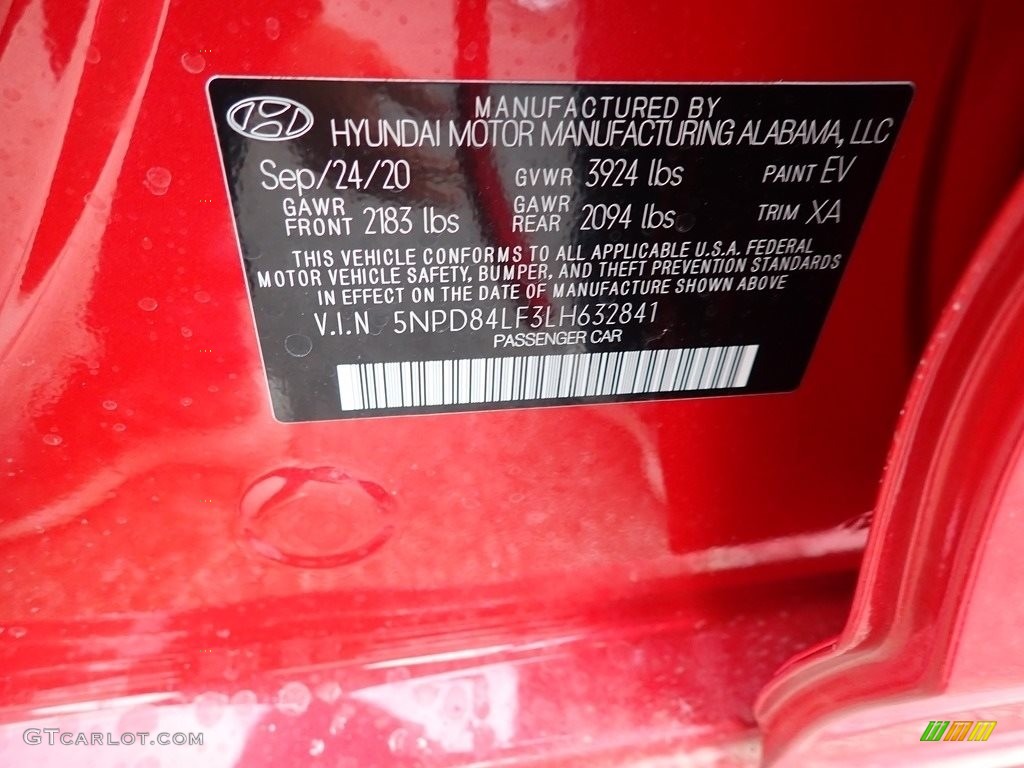 2020 Elantra Color Code EV for Scarlet Red Pearl Photo #140654878