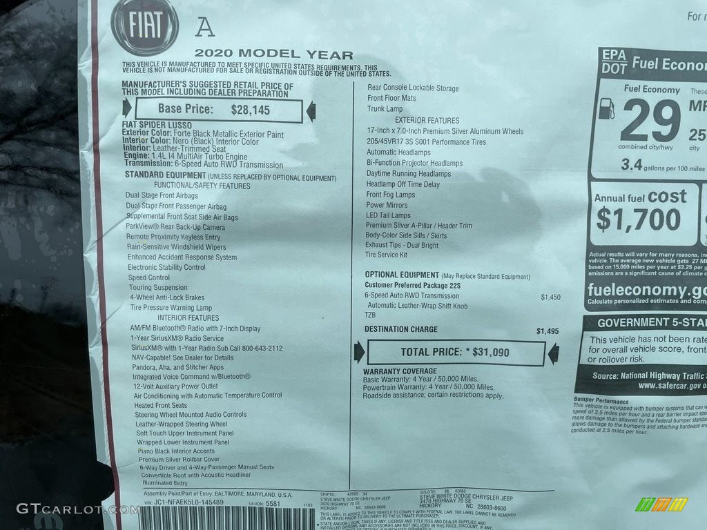 2020 Fiat 124 Spider Lusso Roadster Window Sticker Photo #140655292