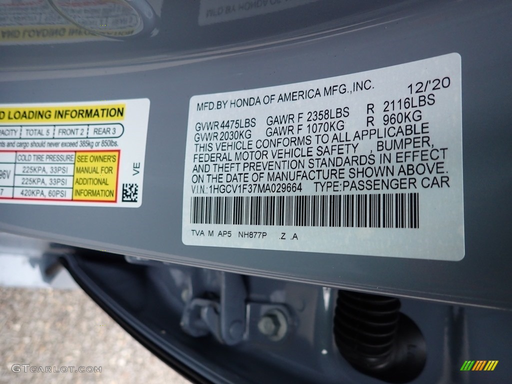2021 Accord Color Code NH877P for Sonic Gray Pearl Photo #140655505