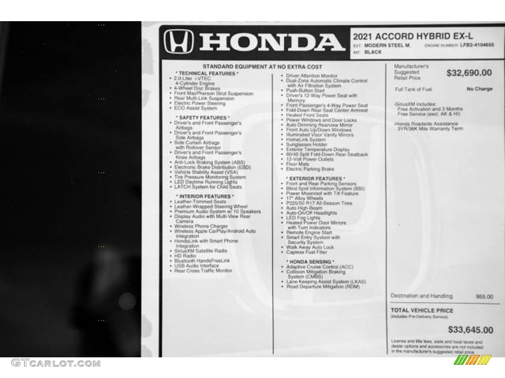 2021 Accord EX-L Hybrid - Modern Steel Metallic / Black photo #38
