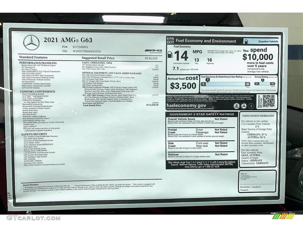 2021 Mercedes-Benz G 63 AMG Window Sticker Photo #140694357