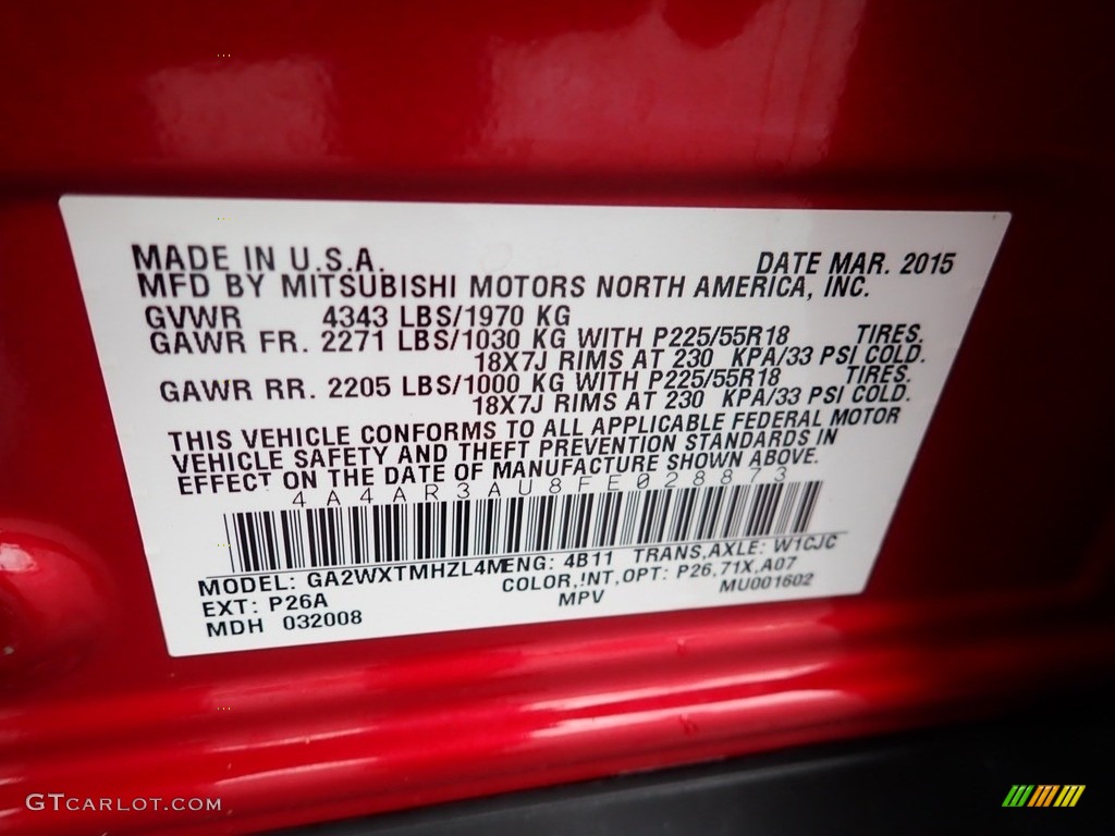 2015 Outlander Sport Color Code P26 for Rally Red Photo #140698642