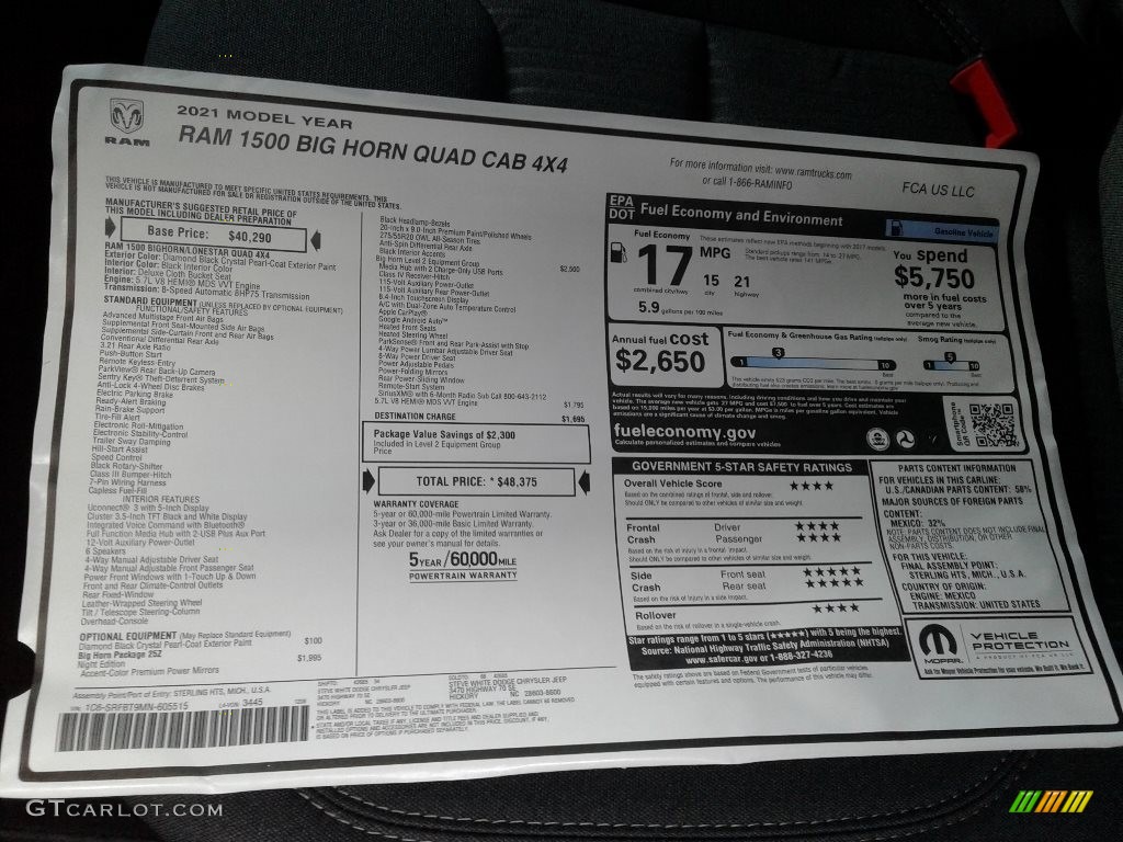 2021 Ram 1500 Big Horn Quad Cab 4x4 Window Sticker Photo #140736666