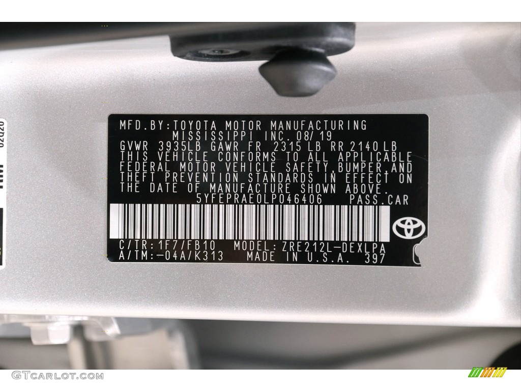 2020 Corolla Color Code 1F7 for Classic Silver Metallic Photo #140739357