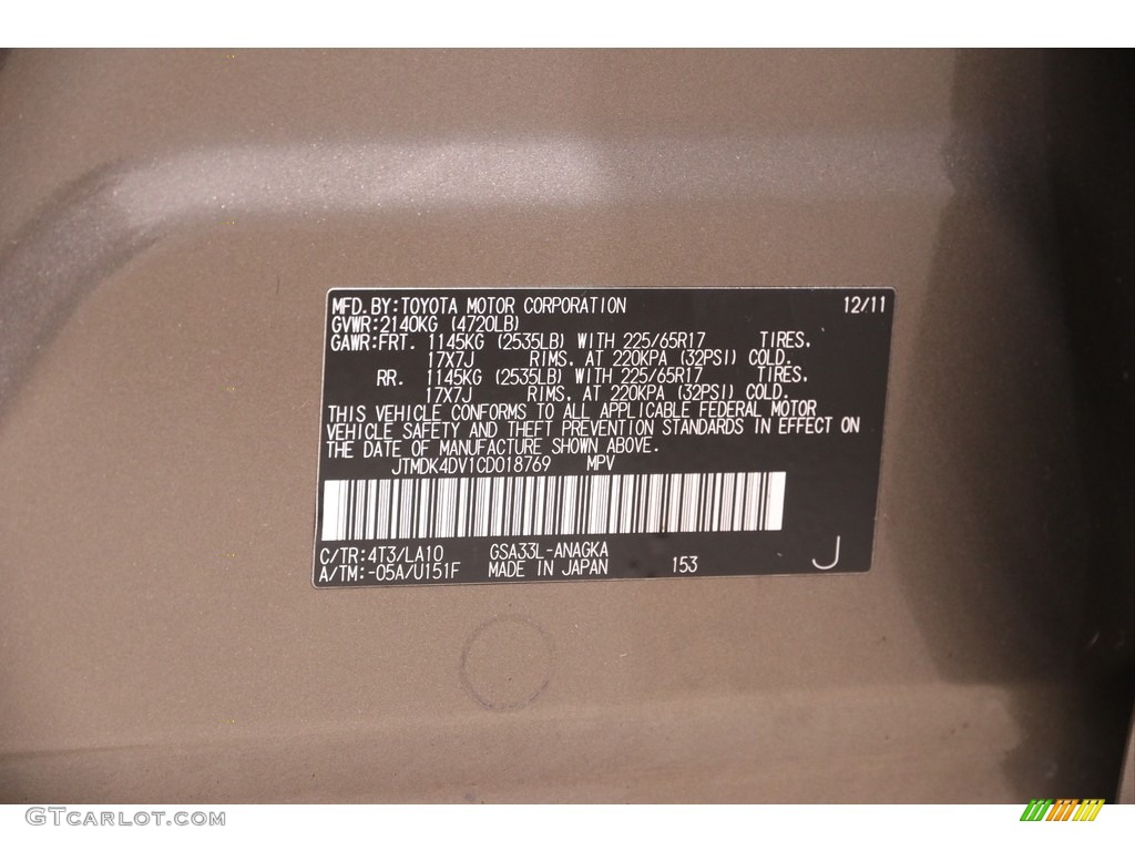 2012 RAV4 Color Code 4T3 for Pyrite Mica Photo #140745700