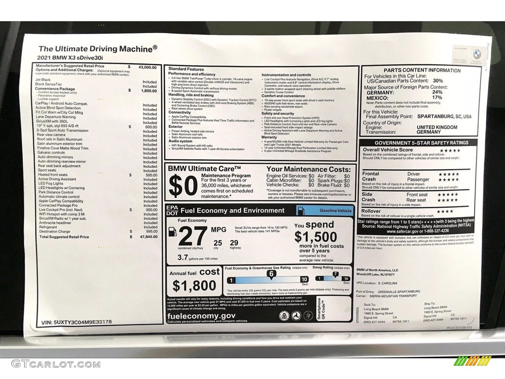 2021 BMW X3 sDrive30i Window Sticker Photo #140746420