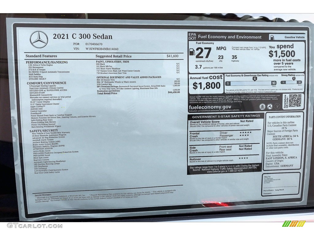 2021 Mercedes-Benz C 300 Sedan Window Sticker Photo #140758462