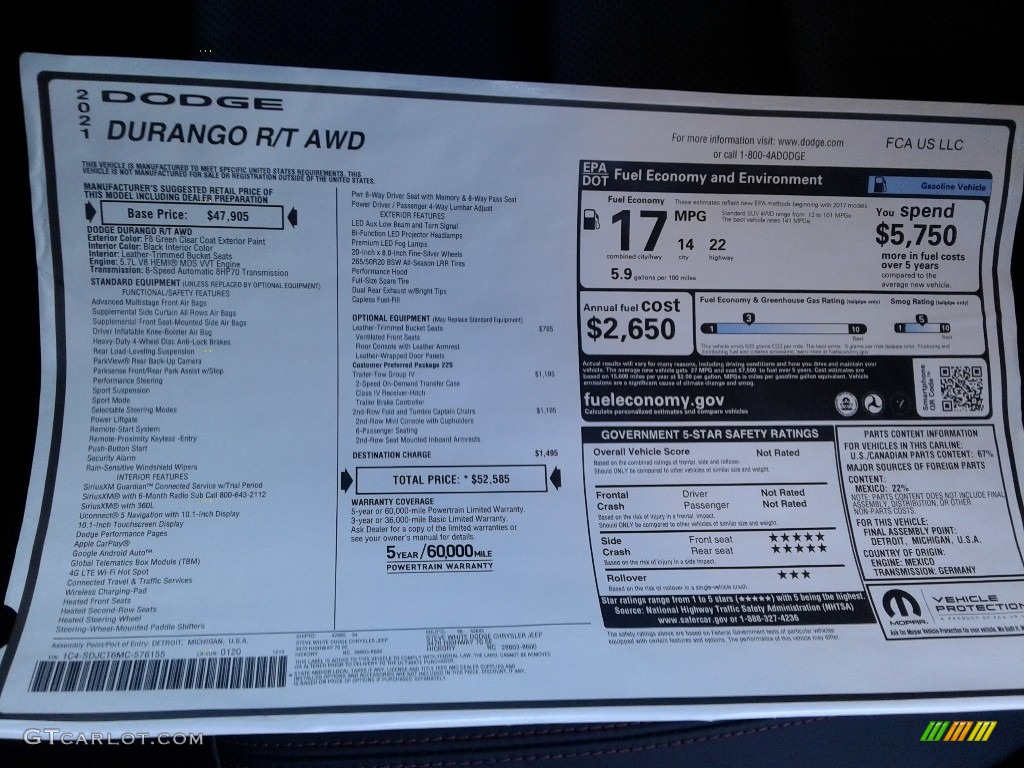 2021 Dodge Durango R/T AWD Window Sticker Photos