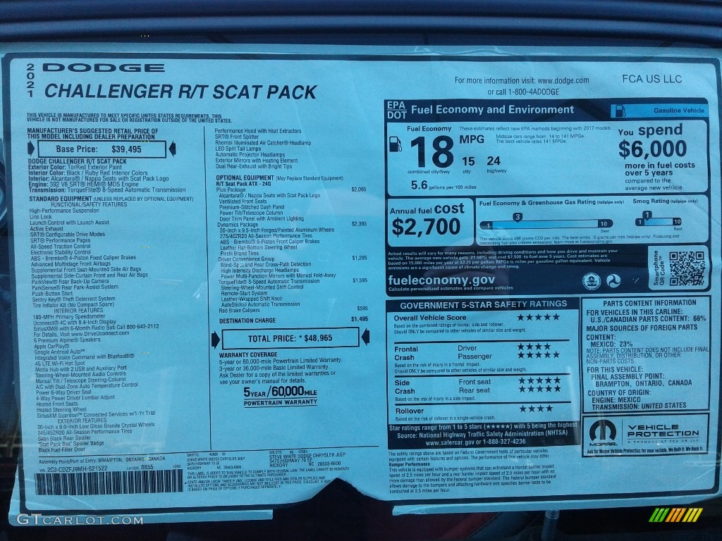 2021 Dodge Challenger R/T Scat Pack Window Sticker Photo #140761582