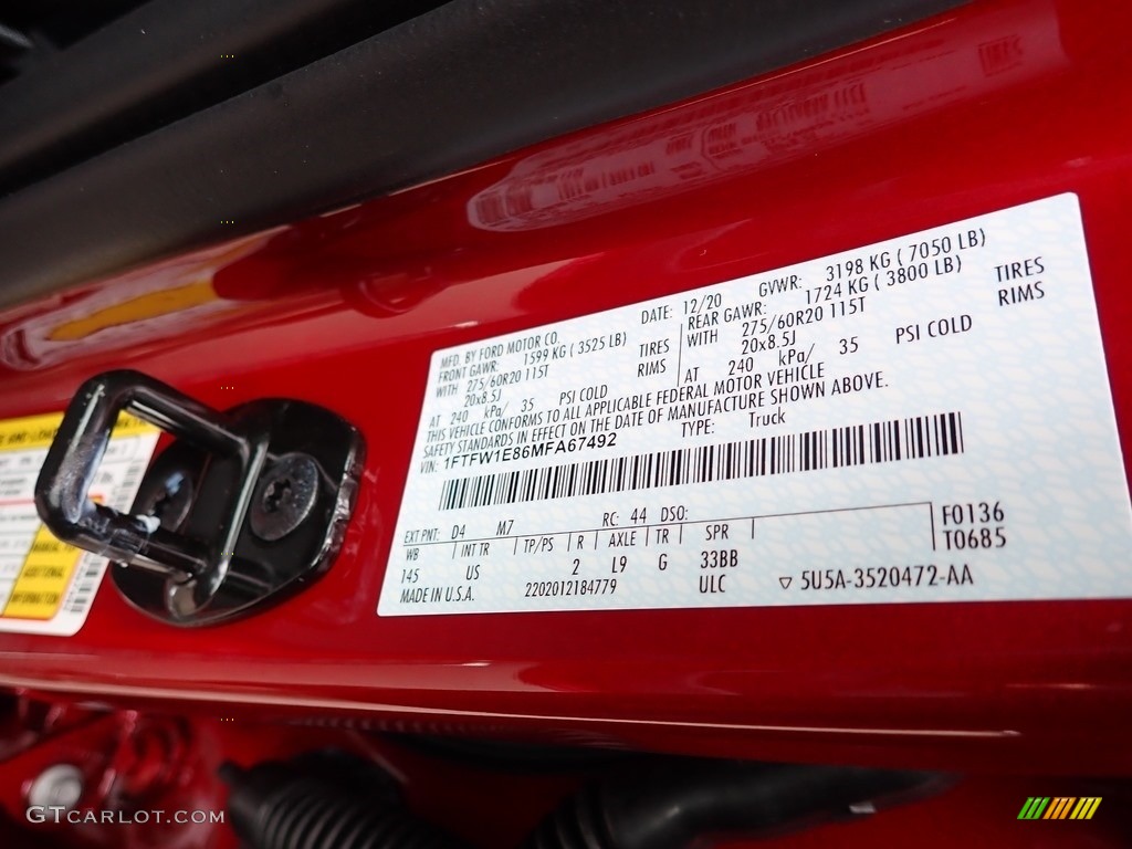2021 F150 Color Code D4 for Rapid Red Photo #140769777
