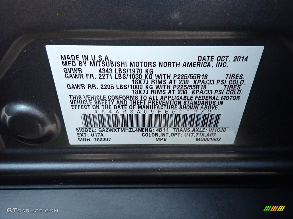 2015 Outlander Sport Color Code U17 for Mercury Gray Photo #140793389