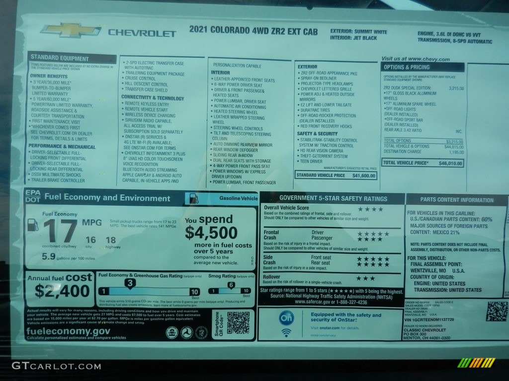 2021 Chevrolet Colorado Z71 Extended Cab 4x4 Window Sticker Photo #140797868