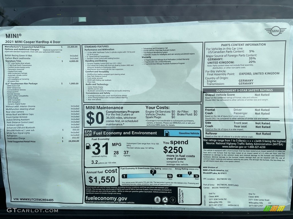 2021 Mini Hardtop Cooper 4 Door Window Sticker Photo #140805296