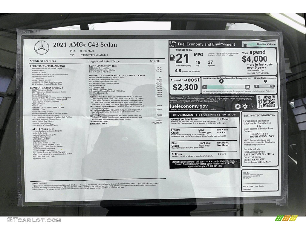 2021 Mercedes-Benz C AMG 43 4Matic Sedan Window Sticker Photo #140815433