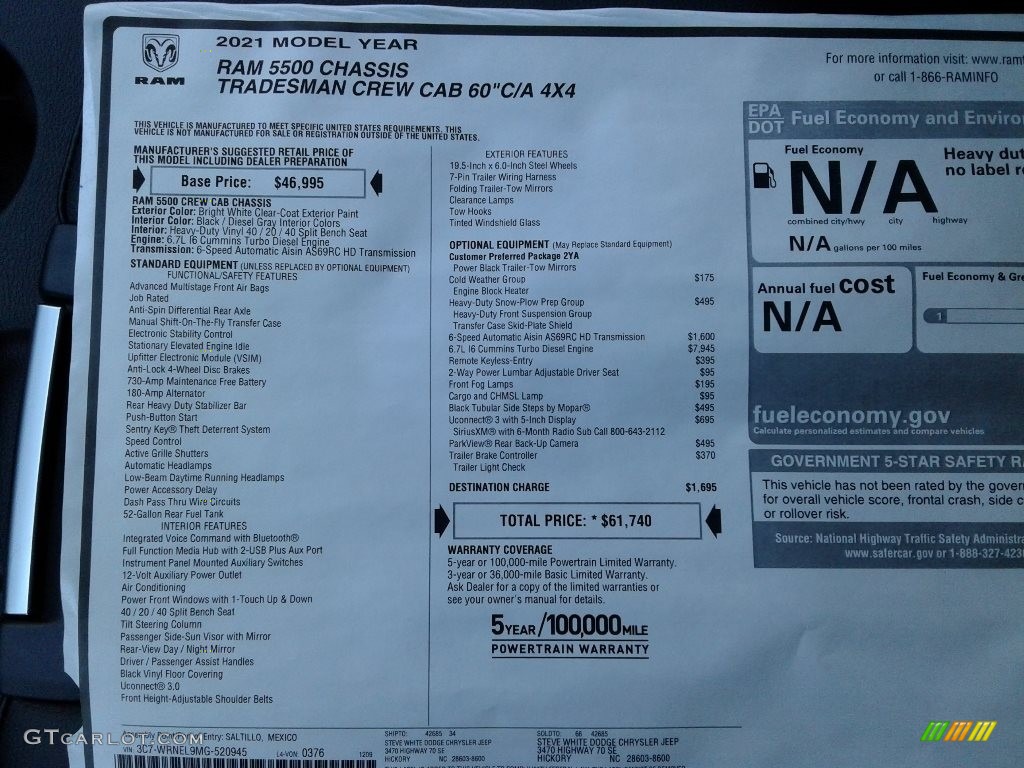 2021 Ram 5500 Tradesman Crew Cab 4x4 Chassis Window Sticker Photo #140815910