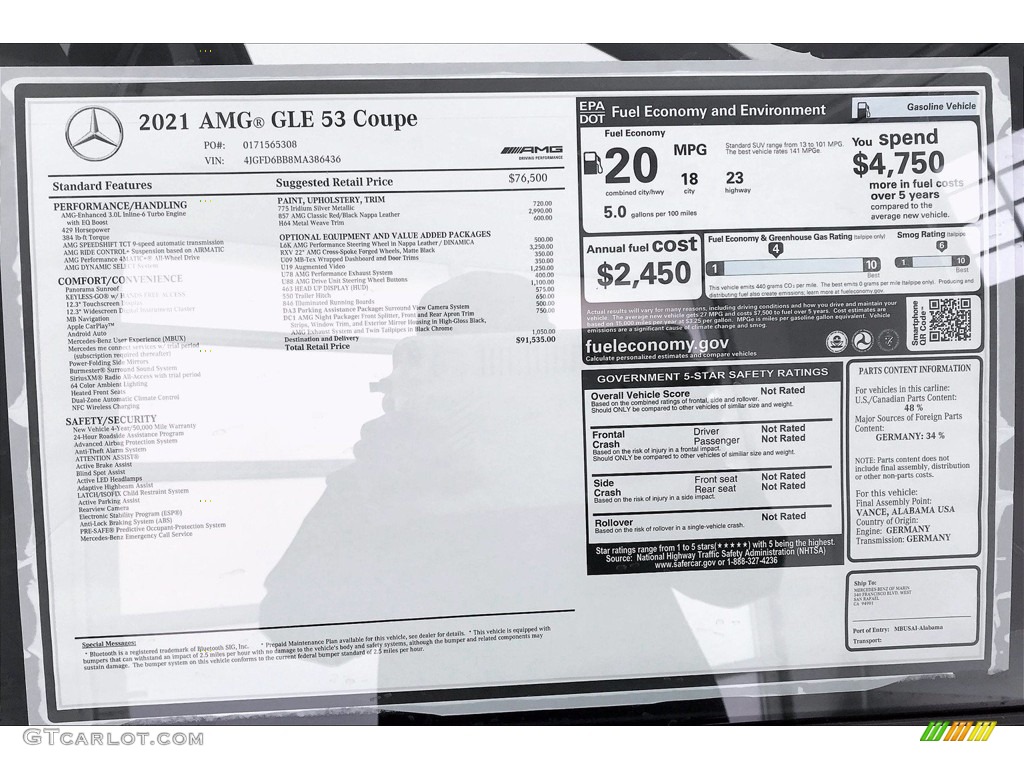 2021 Mercedes-Benz GLE 53 AMG 4Matic Coupe Window Sticker Photo #140816990